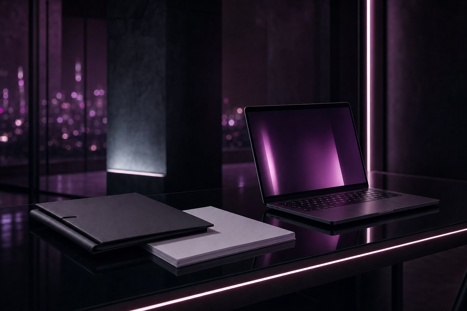 Geschlossene Aktenmappe neben einem aufgeklappten Laptop auf einem Glastisch